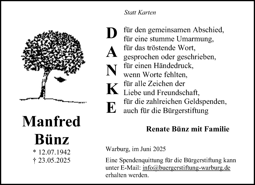  Traueranzeige für Manfred Bünz vom 28.06.2025 aus Neue Westfälische und Westfalen-Blatt