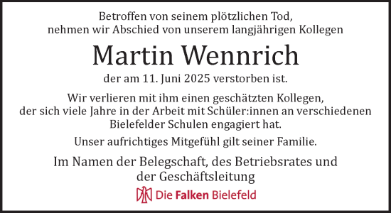 Traueranzeige von Martin Wennrich von Neue Westfälische und Westfalen-Blatt