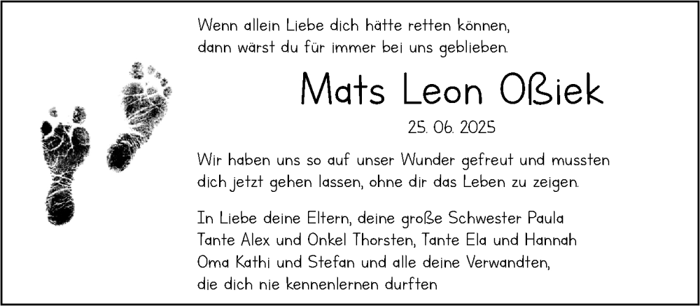  Traueranzeige für Mats Leon Ossiek vom 05.07.2025 aus Neue Westfälische und Westfalen-Blatt