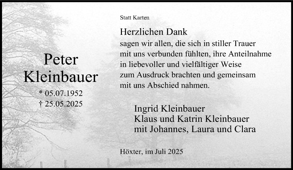  Traueranzeige für Peter Kleinbauer vom 12.07.2025 aus Neue Westfälische und Westfalen-Blatt