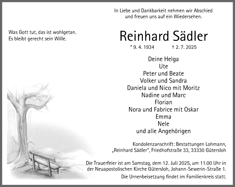  Traueranzeige für Reinhard Sädler vom 05.07.2025 aus Neue Westfälische und Westfalen-Blatt