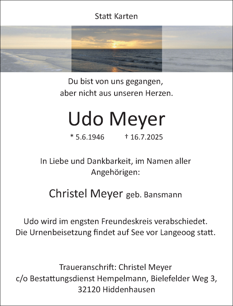  Traueranzeige für Udo Meyer vom 19.07.2025 aus Neue Westfälische und Westfalen-Blatt