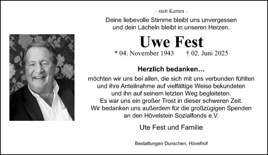 Traueranzeige von Uwe Fest von Neue Westfälische und Westfalen-Blatt