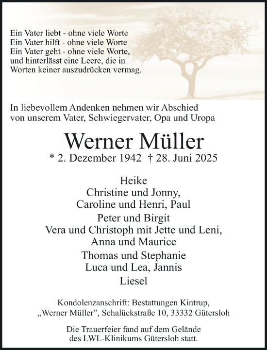 Traueranzeige von Werner Müller von Neue Westfälische und Westfalen-Blatt