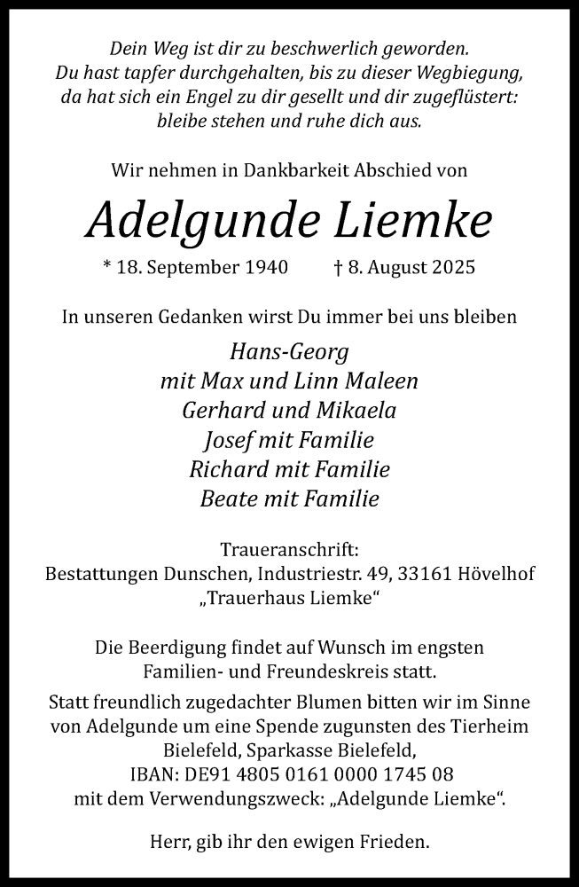  Traueranzeige für Adelgunde Liemke vom 12.08.2025 aus Neue Westfälische und Westfalen-Blatt