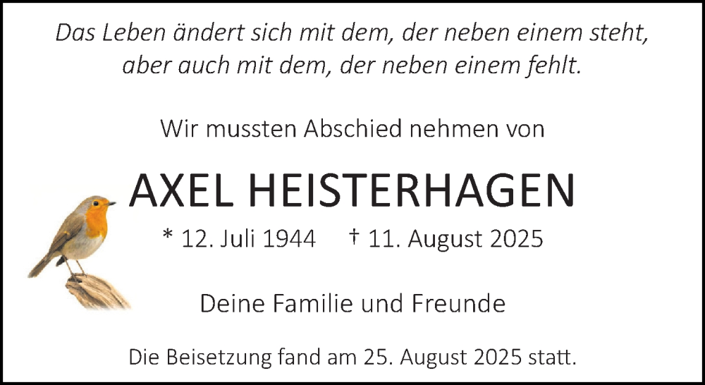  Traueranzeige für Axel Heisterhagen vom 26.08.2025 aus Neue Westfälische und Westfalen-Blatt