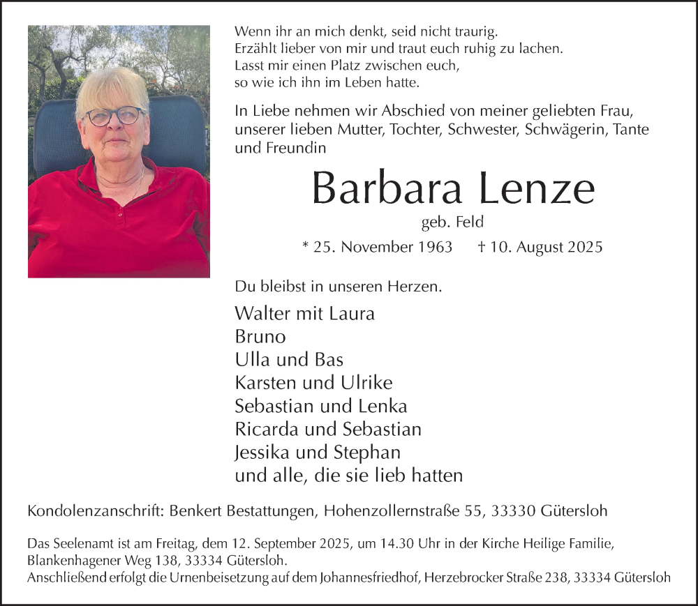  Traueranzeige für Barbara Lenze vom 30.08.2025 aus Neue Westfälische und Westfalen-Blatt