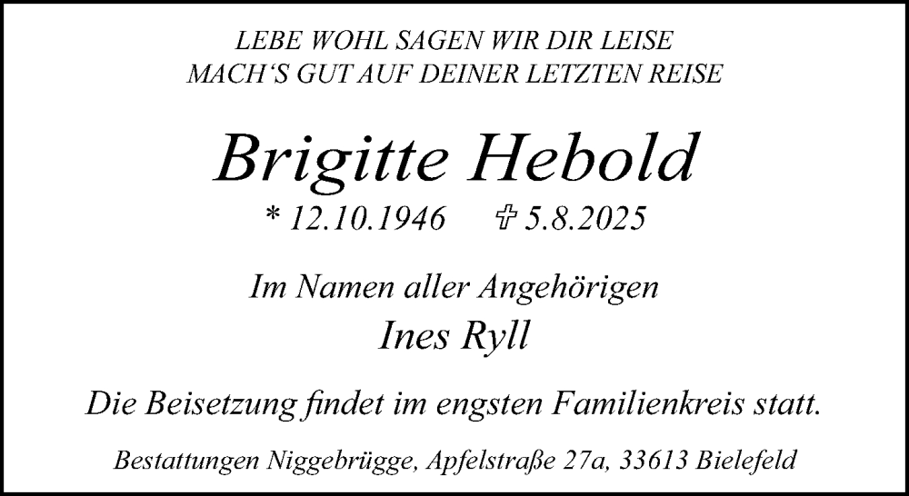  Traueranzeige für Brigitte Hebold vom 16.08.2025 aus Neue Westfälische und Westfalen-Blatt
