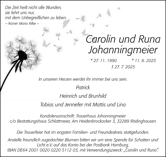 Traueranzeige von Carolin und Runa Johanningmeier von Neue Westfälische und Westfalen-Blatt