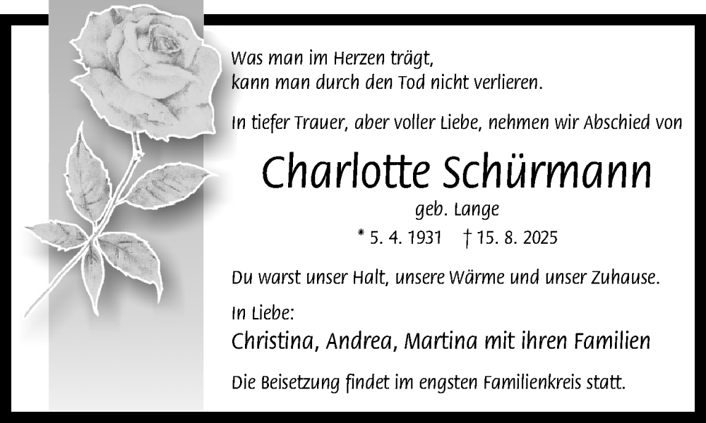  Traueranzeige für Charlotte Schürmann vom 23.08.2025 aus Neue Westfälische und Westfalen-Blatt