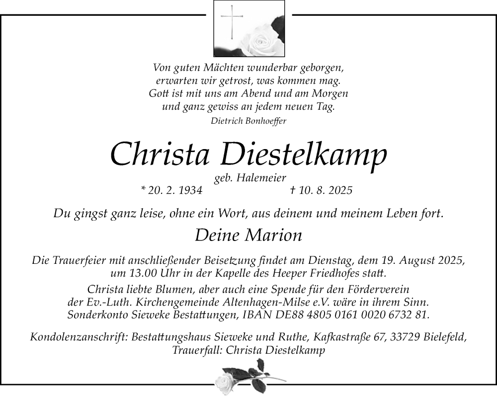  Traueranzeige für Christa Diestelkamp vom 16.08.2025 aus Neue Westfälische und Westfalen-Blatt