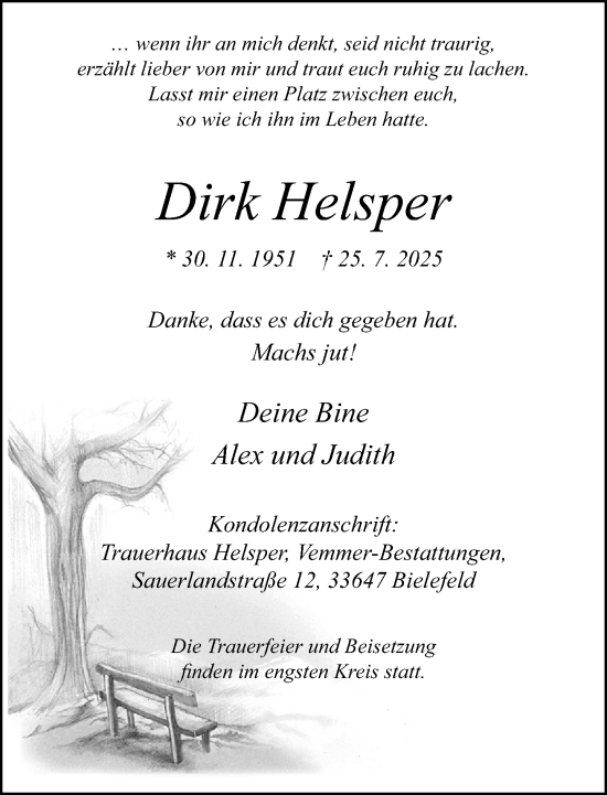 Traueranzeige von Dirk Helsper von Neue Westfälische und Westfalen-Blatt