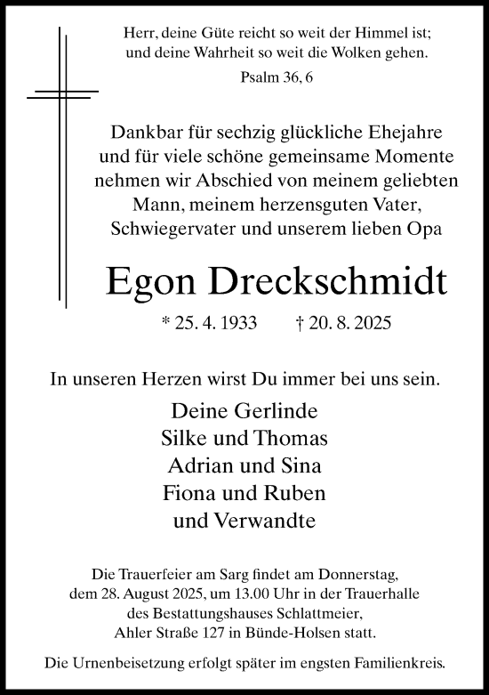 Traueranzeige von Egon Dreckschmidt von Neue Westfälische und Westfalen-Blatt