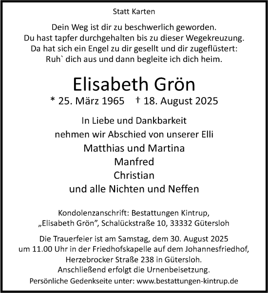 Traueranzeige von Elisabeth Grön von Neue Westfälische und Westfalen-Blatt