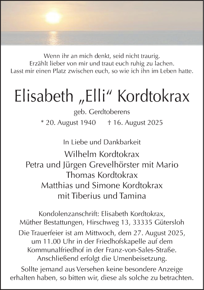  Traueranzeige für Elisabeth Kordtokrax vom 23.08.2025 aus Neue Westfälische und Westfalen-Blatt