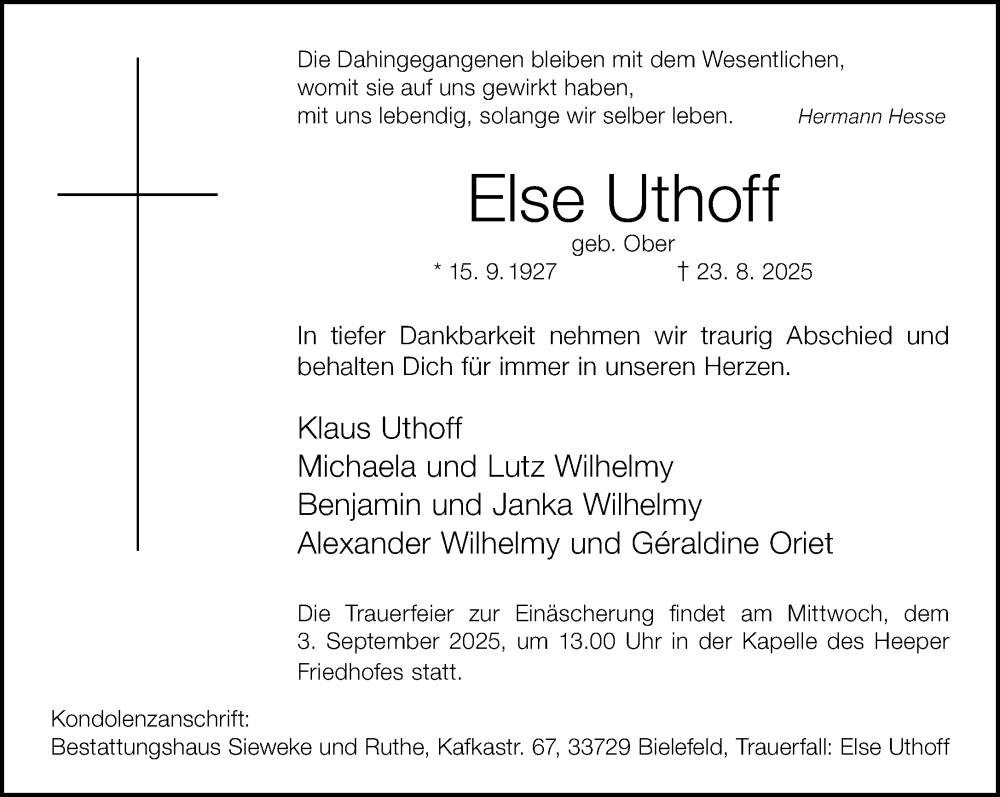  Traueranzeige für Else Uthoff vom 30.08.2025 aus Neue Westfälische und Westfalen-Blatt