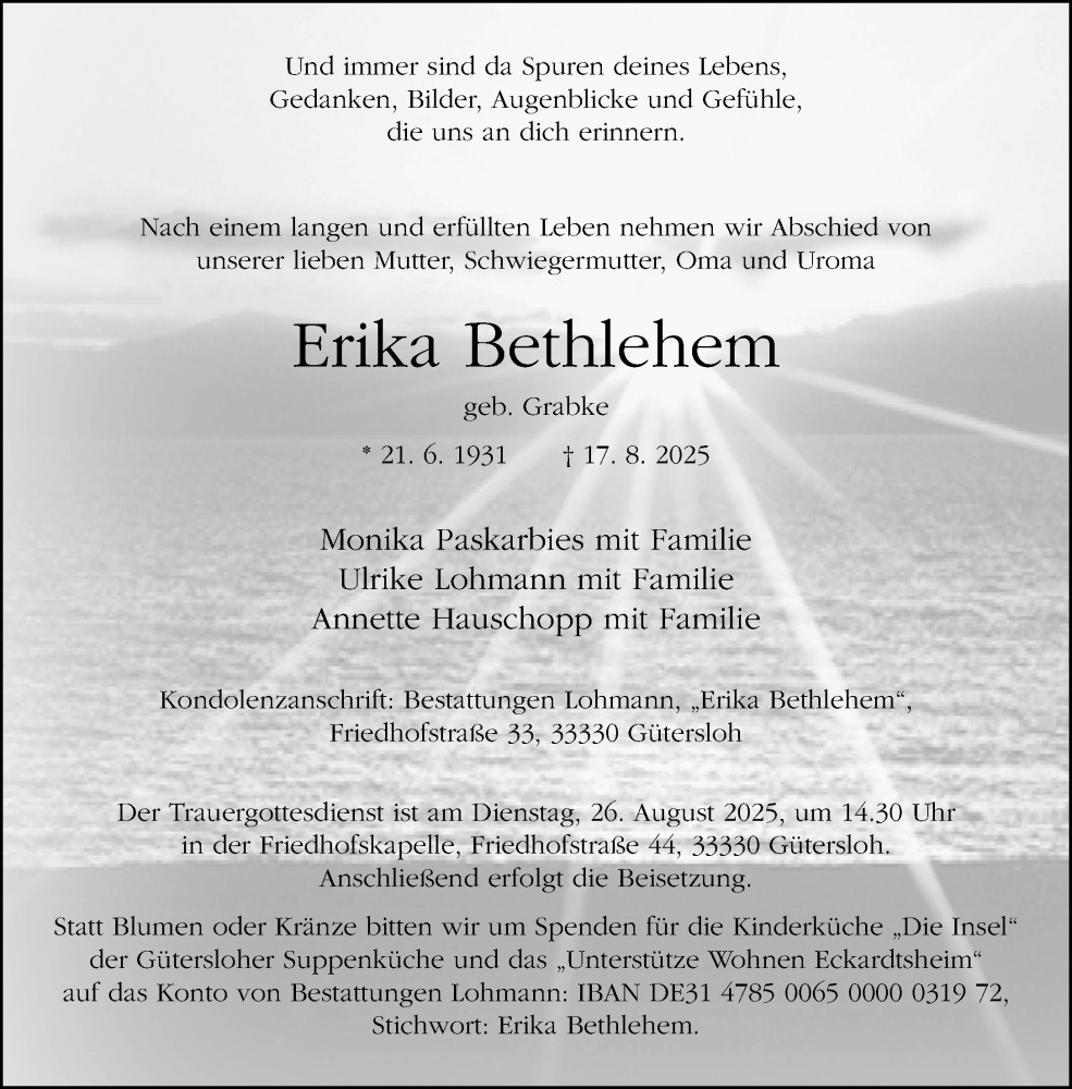  Traueranzeige für Erika Bethlehem vom 22.08.2025 aus Neue Westfälische und Westfalen-Blatt