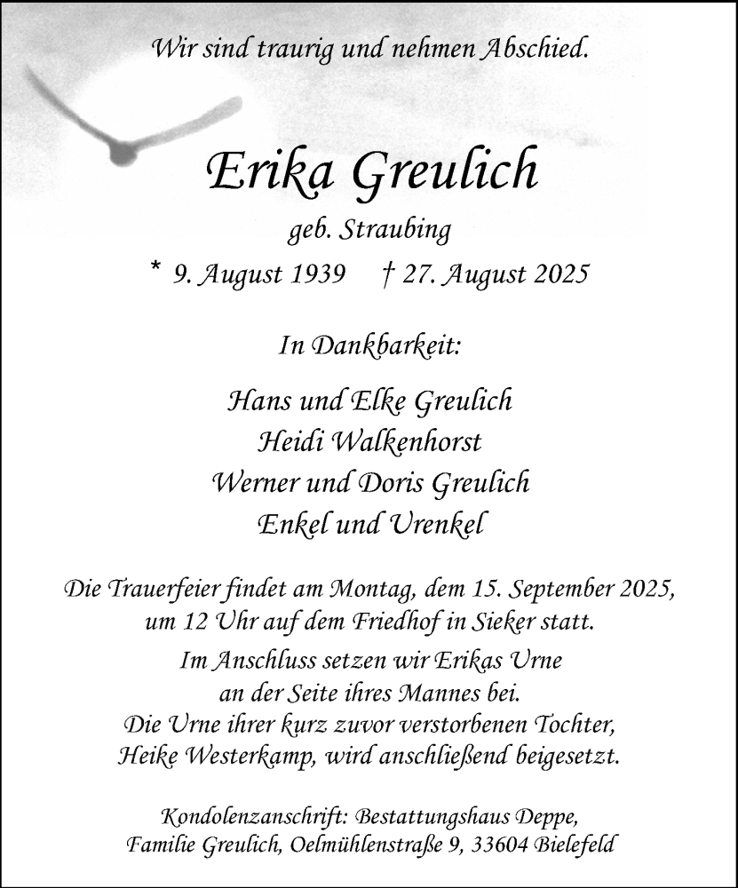 Traueranzeige für Erika Greulich vom 30.08.2025 aus Neue Westfälische und Westfalen-Blatt
