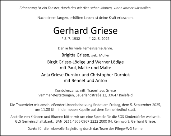 Traueranzeige von Gerhard Griese von Neue Westfälische und Westfalen-Blatt