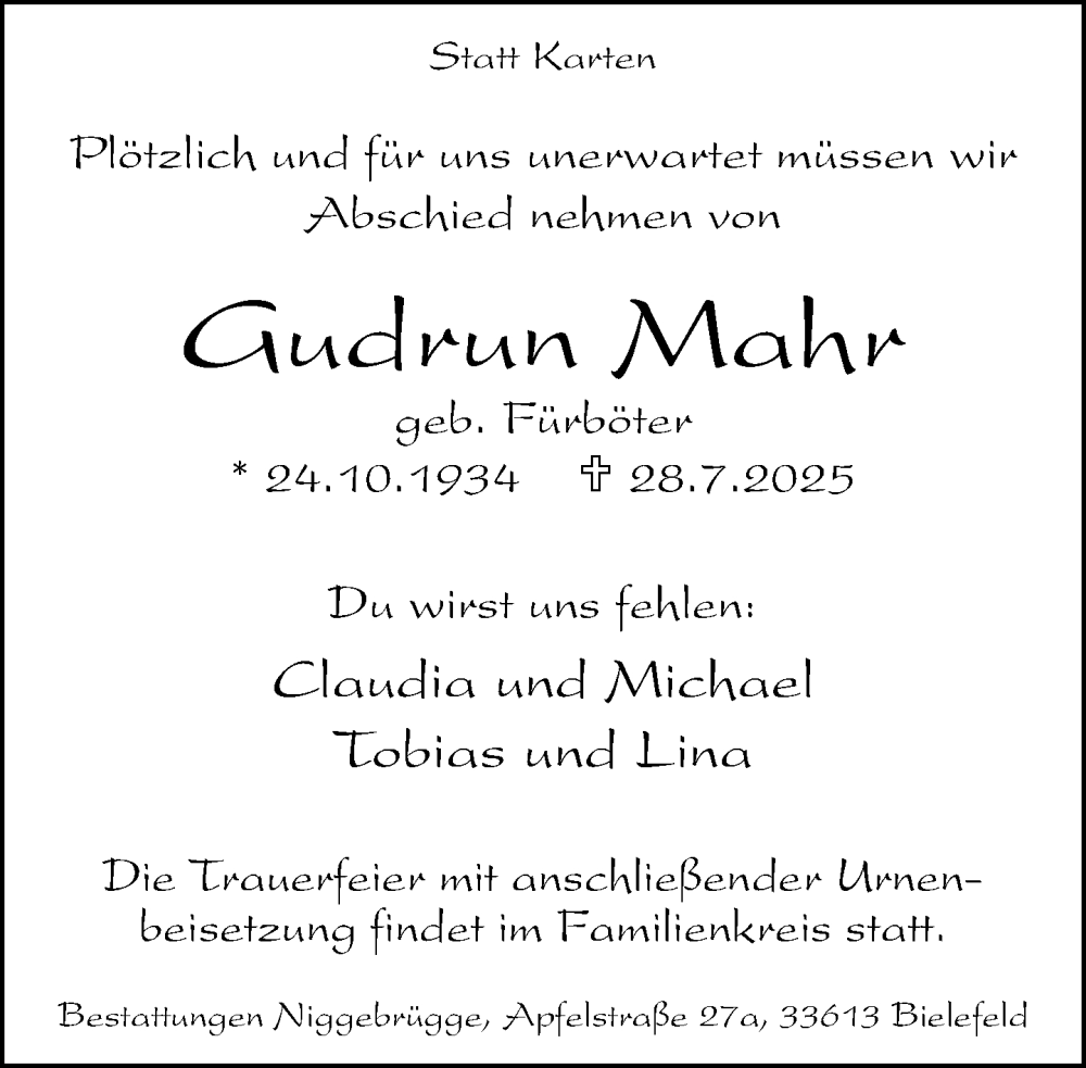  Traueranzeige für Gudrun Mahr vom 02.08.2025 aus Neue Westfälische und Westfalen-Blatt