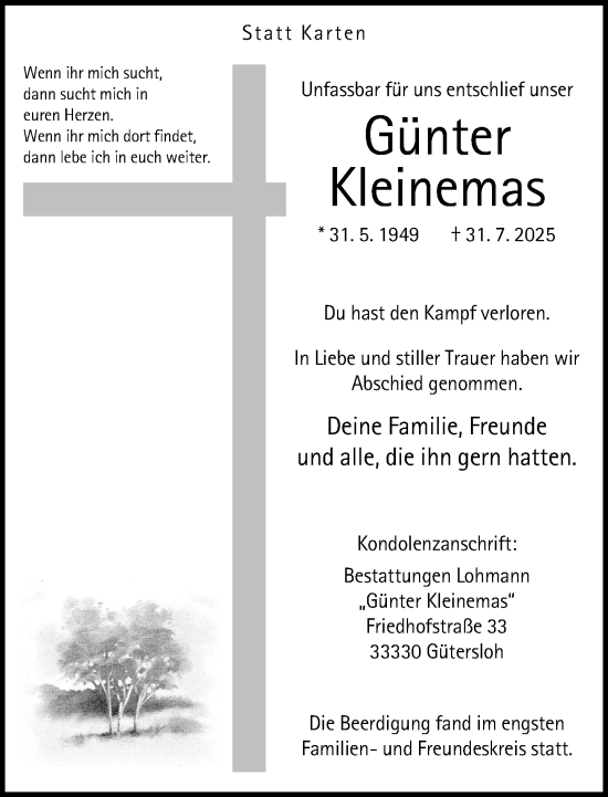 Traueranzeige von Günter Kleinemas von Neue Westfälische und Westfalen-Blatt
