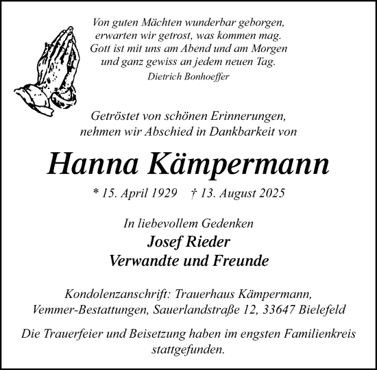 Traueranzeige von Hanna Kämpermann von Neue Westfälische und Westfalen-Blatt