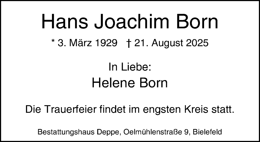  Traueranzeige für Hans Joachim Born vom 27.08.2025 aus Neue Westfälische und Westfalen-Blatt