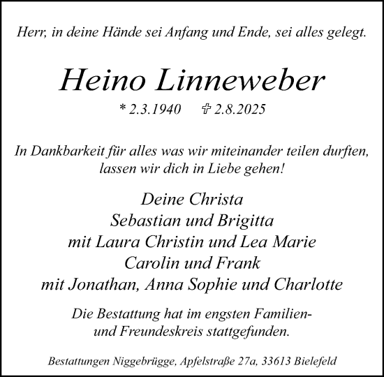 Traueranzeige von Heino Linneweber von Neue Westfälische und Westfalen-Blatt