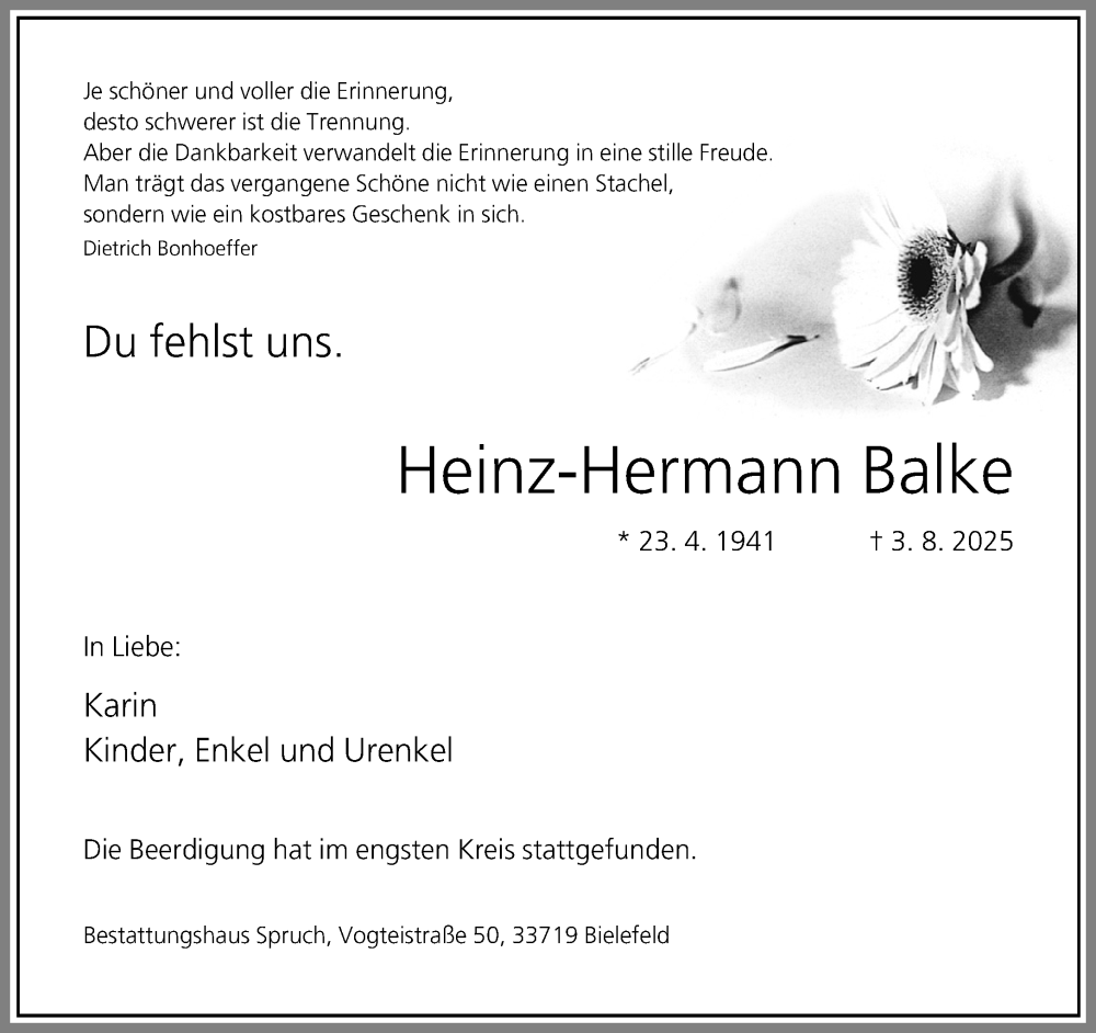  Traueranzeige für Heinz-Hermann Balke vom 23.08.2025 aus Neue Westfälische und Westfalen-Blatt