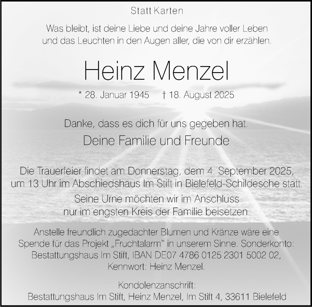  Traueranzeige für Heinz Menzel vom 23.08.2025 aus Neue Westfälische und Westfalen-Blatt
