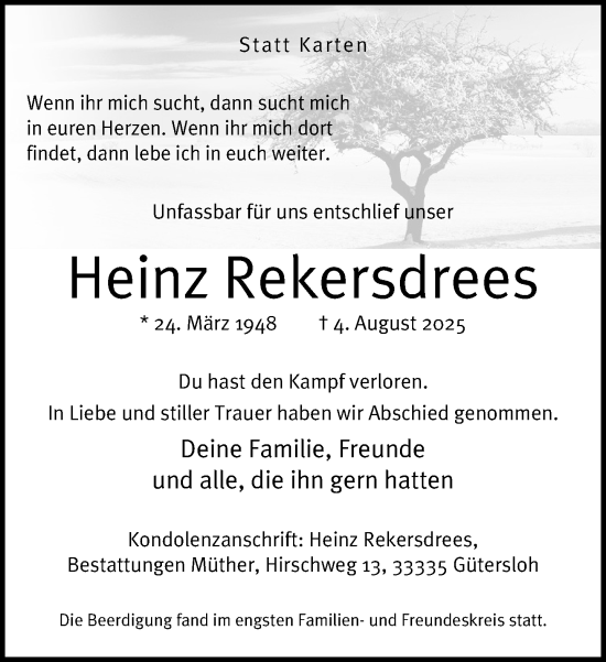 Traueranzeige von Heinz Rekersdrees von Neue Westfälische und Westfalen-Blatt