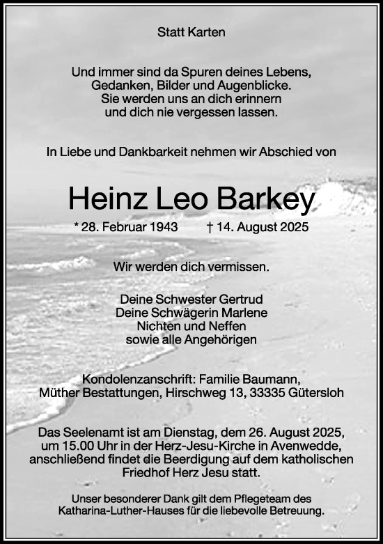 Traueranzeige von Heinz Leo Barkey von Neue Westfälische und Westfalen-Blatt