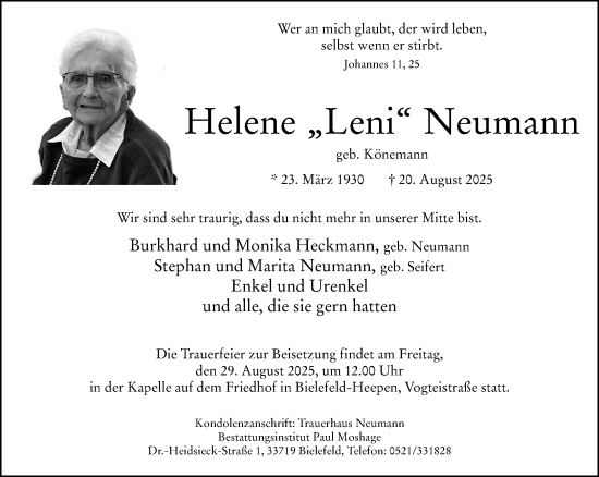Traueranzeige von Helene Neumann von Neue Westfälische und Westfalen-Blatt