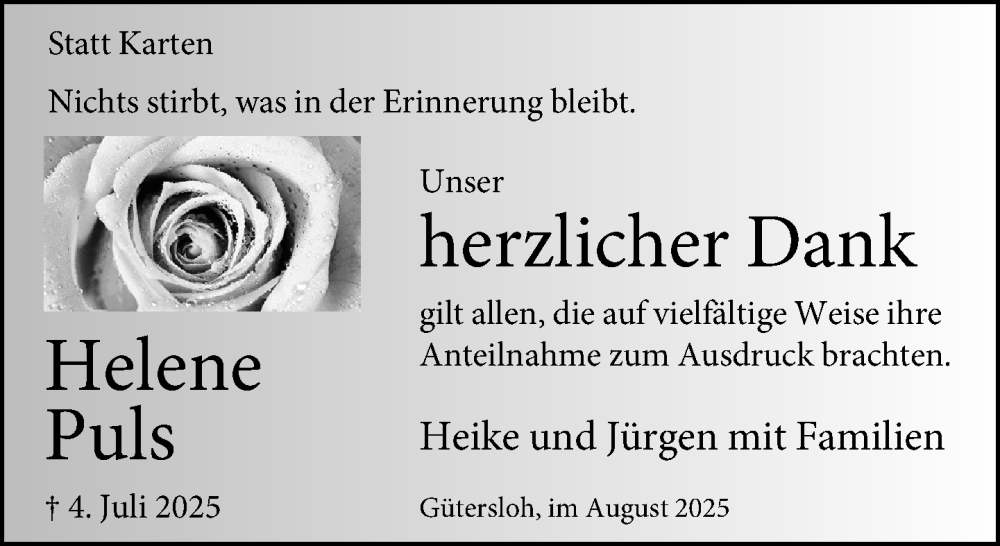  Traueranzeige für Helene Puls vom 16.08.2025 aus Neue Westfälische und Westfalen-Blatt