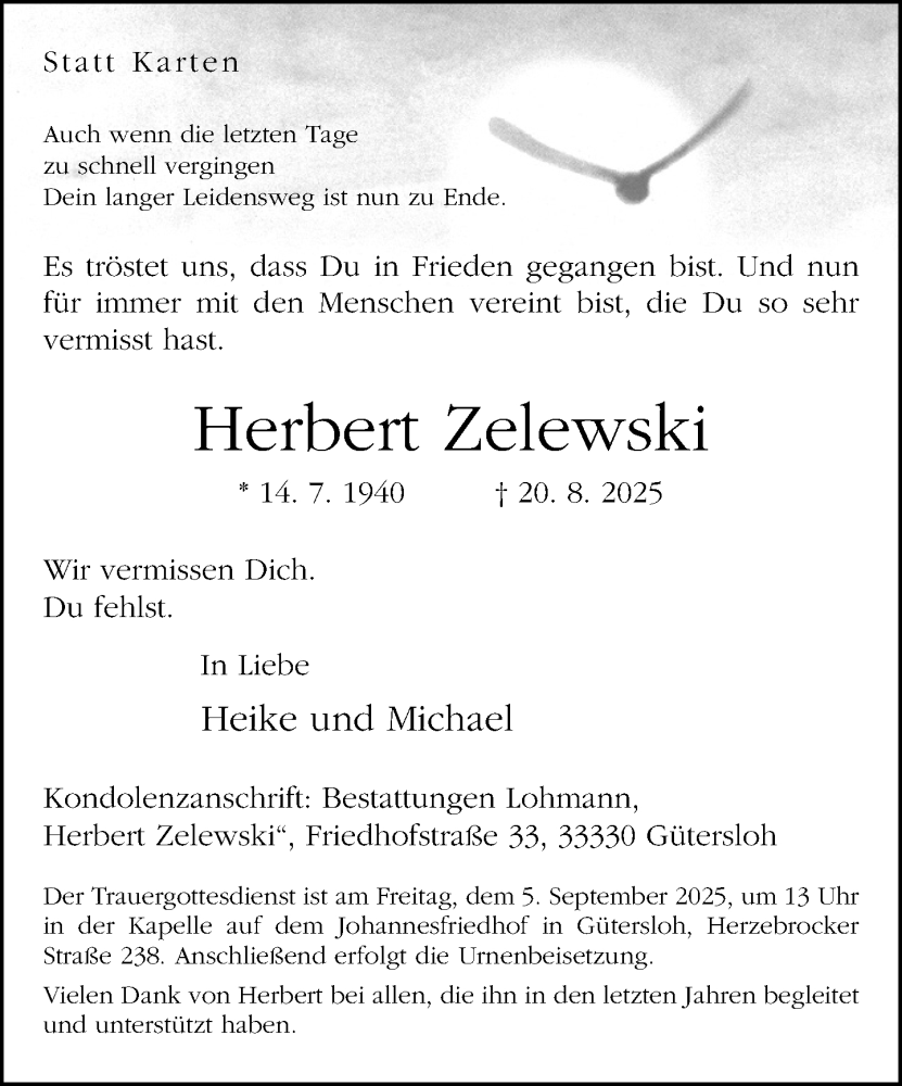  Traueranzeige für Herbert Zelewski vom 30.08.2025 aus Neue Westfälische und Westfalen-Blatt