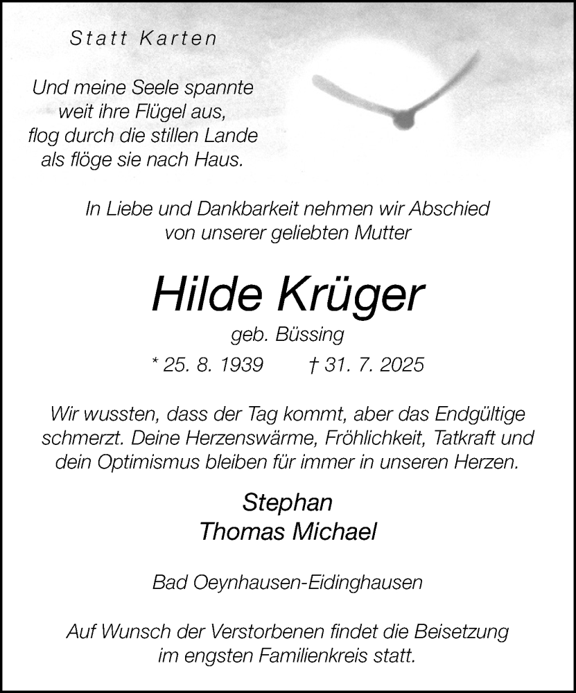  Traueranzeige für Hilde Krüger vom 09.08.2025 aus Neue Westfälische und Westfalen-Blatt