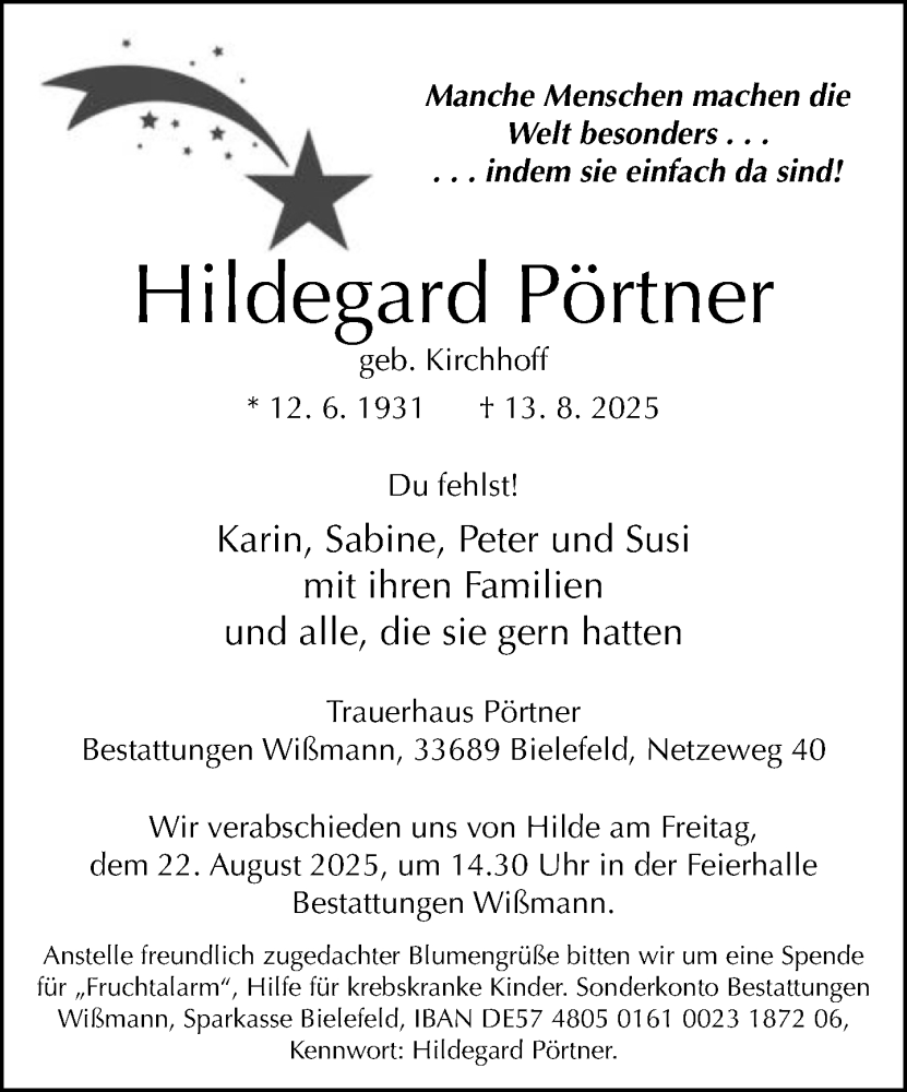  Traueranzeige für Hildegard Pörtner vom 16.08.2025 aus Neue Westfälische und Westfalen-Blatt
