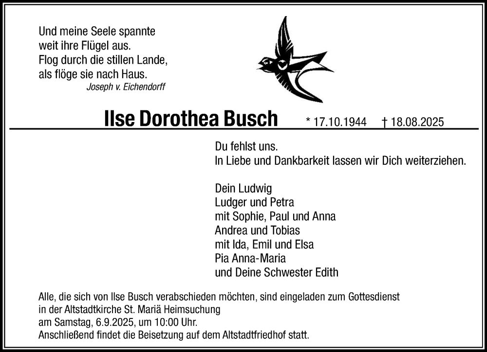  Traueranzeige für Ilse Dorothea Busch vom 30.08.2025 aus Neue Westfälische und Westfalen-Blatt