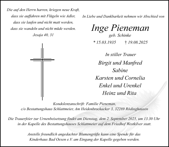 Traueranzeige von Inge Pieneman von Neue Westfälische und Westfalen-Blatt