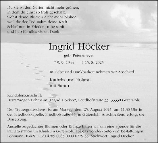 Traueranzeige von Ingrid Höcker von Neue Westfälische und Westfalen-Blatt