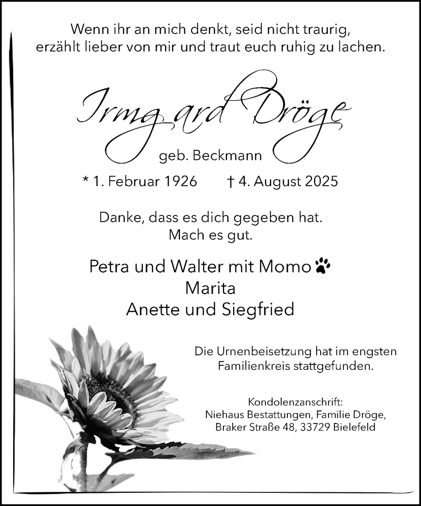  Traueranzeige für Irmgard Dröge vom 20.08.2025 aus Neue Westfälische und Westfalen-Blatt