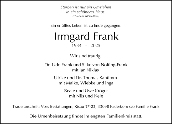 Traueranzeige von Irmgard Frank von Neue Westfälische und Westfalen-Blatt
