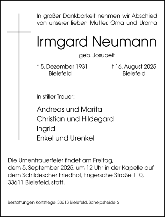 Traueranzeige von Irmgard Neumann von Neue Westfälische und Westfalen-Blatt