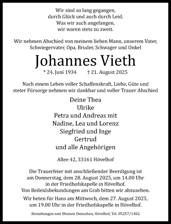 Traueranzeige von Johannes Vieth von Neue Westfälische und Westfalen-Blatt