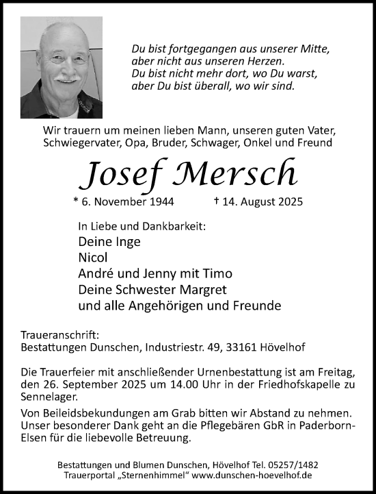 Traueranzeige von Josef Mersch von Neue Westfälische und Westfalen-Blatt