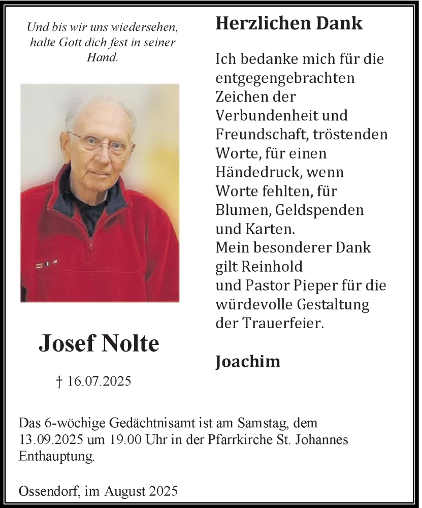  Traueranzeige für Josef Nolte vom 30.08.2025 aus Neue Westfälische und Westfalen-Blatt