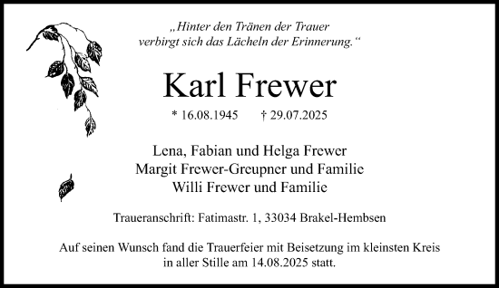 Traueranzeige von Karl Frewer von Neue Westfälische und Westfalen-Blatt