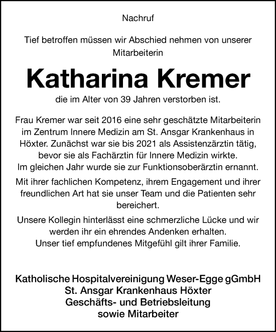 Traueranzeige von Katharina Kremer von Neue Westfälische und Westfalen-Blatt