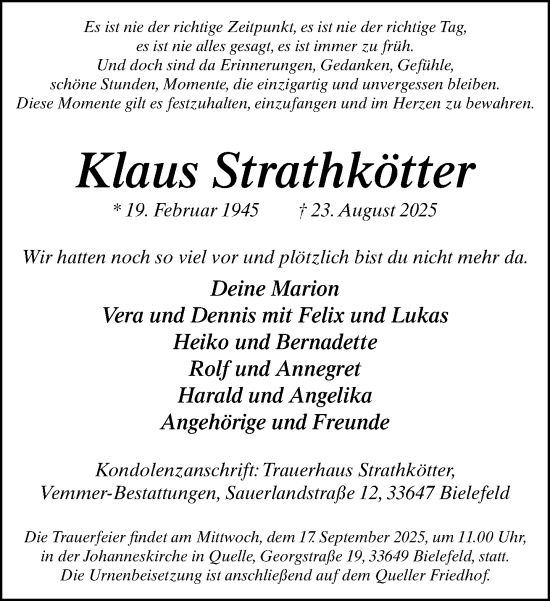 Traueranzeige von Klaus Strathkötter von Neue Westfälische und Westfalen-Blatt