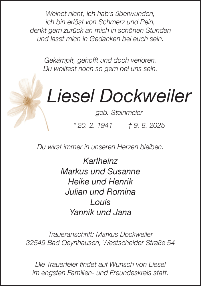  Traueranzeige für Liesel Dockweiler vom 16.08.2025 aus Neue Westfälische und Westfalen-Blatt